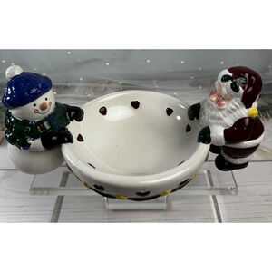 Earthenware Christmas Holiday Santa Claus Frosty Snowman Dip Candy Bowl EUC